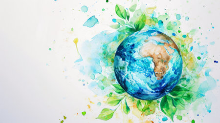 Earth day concept on white background. Cartoon style, World environment day. lllustration of the green planet with plants.の素材