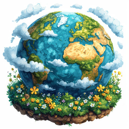Earth day concept on white background. Cartoon style, World environment day. llustration of the green planet with plants.の素材