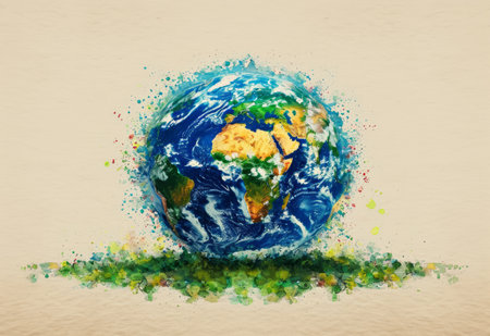 Earth day concept on old paper. Cartoon style, World environment day, with flowers. lllustration of the green planet with plants. Watercolor styleの素材