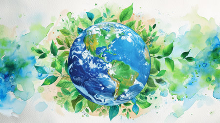 Earth day concept on white background. Cartoon style, World environment day. lllustration of the green planet with plants.の素材