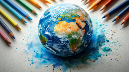 Paint Earth day concept on colorful background. With pencils. Cartoon style, World environment day. lllustration of the green planet with plants.の素材