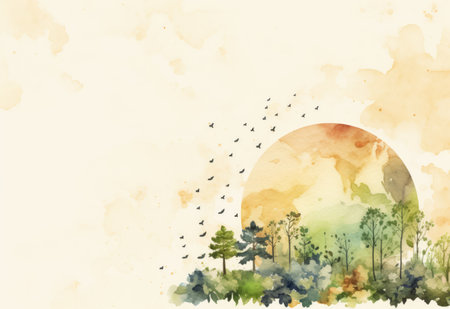 Watercolor flowers illustration, with planet, Earth Day.の素材