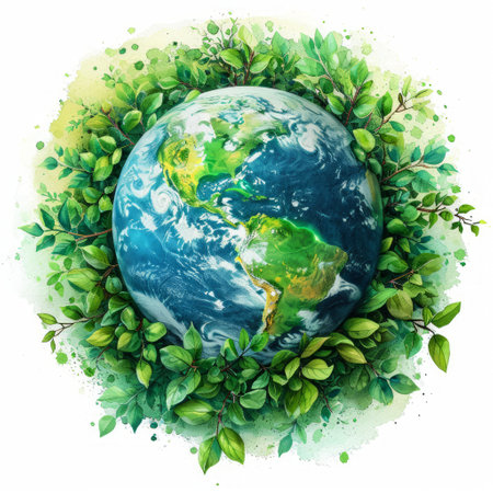 Earth day concept on white background. Cartoon style, World environment day. lllustration of the green planet with plants.の素材