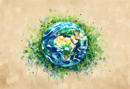 Earth day concept on old paper. Cartoon style, World environment day, with flowers. lllustration of the green planet with plants. Watercolor styleの素材