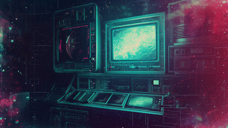 Future retro sci-fi background. Grainy texture, Universe Retro Futuristic 80's Background. Vintageの素材