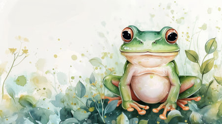Watercolor frog illustration. Hand painted image of a cute frog. Frog clipart, wallpaper.の素材