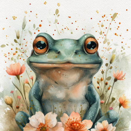 Watercolor frog illustration. Hand painted image of a cute frog. Frog clipart, wallpaper.の素材
