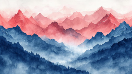 Watercolor landscape featuring a mountain view, Misty mountains watercolor background. Beautiful simple painting of mountains.の素材