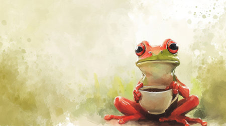 Watercolor frog illustration. Hand painted image of a cute frog. Frog clipart with cup of coffee, wallpaper.の素材