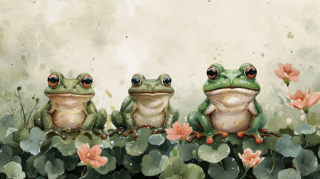 Watercolor frog in a row illustration. Hand painted image of a cute frog. Frog clipart with flowers, wallpaper.の素材