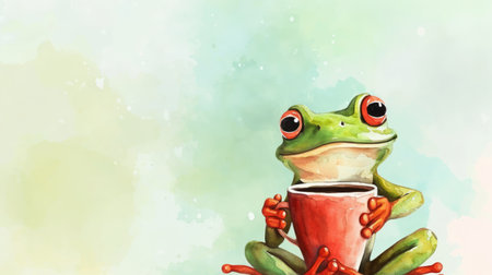 Watercolor frog illustration. Hand painted image of a cute frog. Frog clipart with cup of coffee, wallpaper.の素材