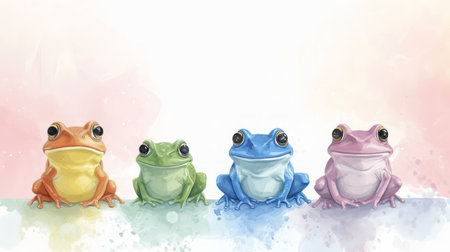 Watercolor frog in a row illustration. Hand painted image of a cute frog. Frog clipart with flowers, wallpaper.の素材