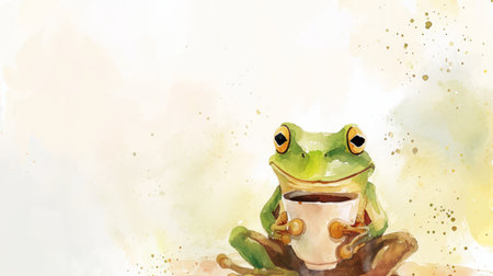 Watercolor frog illustration. Hand painted image of a cute frog. Frog clipart with cup of coffee, wallpaper.の素材