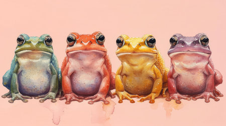 Watercolor frog in a row illustration. Hand painted image of a cute frog. Frog clipart with flowers, wallpaper.の素材