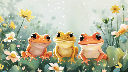 Watercolor frog in a row illustration. Hand painted image of a cute frog. Frog clipart with flowers, wallpaper.の素材