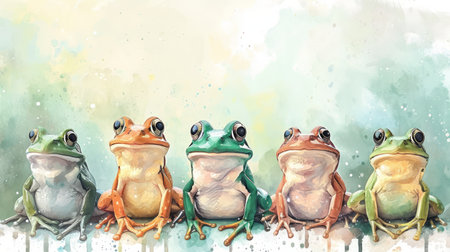 Watercolor frog in a row illustration. Hand painted image of a cute frog. Frog clipart with flowers, wallpaper.の素材