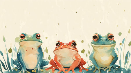 Watercolor frog in a row illustration. Hand painted image of a cute frog. Frog clipart with flowers, wallpaper.の素材