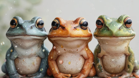 Watercolor frog in a row illustration. Hand painted image of a cute frog. Frog clipart with flowers, wallpaper.の素材