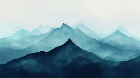 Watercolor landscape featuring a mountain view, Misty mountains watercolor background. Beautiful simple painting of mountains.の素材