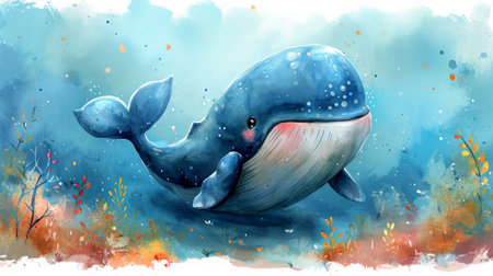 Cute whale watercolor illustration. Watercolor painting of whale. Clip art composition of humpback whale with flowers in the sea.の素材