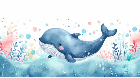 Cute whale watercolor illustration. Watercolor painting of whale. Clip art composition of humpback whale with flowers in the sea.の素材
