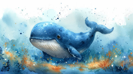 Cute whale watercolor illustration. Watercolor painting of whale. Clip art composition of humpback whale with flowers in the sea.の素材