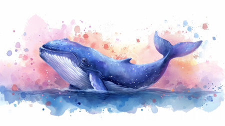 Cute whale watercolor illustration. Watercolor painting of whale. Clip art composition of humpback whale with flowers in the sea.の素材