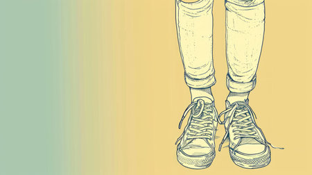 Abstract image featuring legs in sneakers. Pastel colors. Line art.の素材