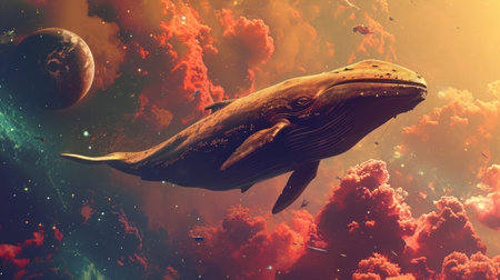 Colorful Whale illustration. Future retro background. Whale in ther sky.  Sci-fi background.の素材