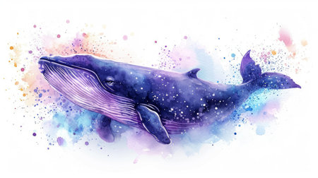 Cute whale watercolor illustration. Watercolor painting of whale. Clip art composition of humpback whale with flowers in the sea.の素材