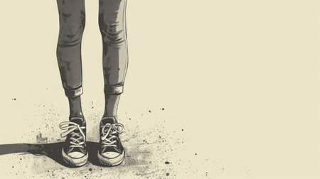 Abstract image featuring legs in sneakers. Pastel colors. Line art.の素材