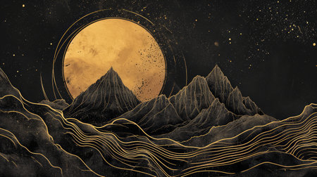 Luxurious mountain line art background with gold accents for cover design. Elegant wallpaper, mountains, sun, moon. Gold lines, textureの素材