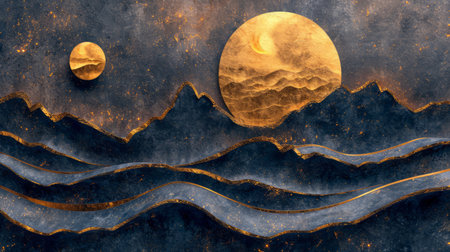 Luxurious mountain line art background with gold accents for cover design. Elegant wallpaper, mountains, sun, moon. Gold lines, textureの素材