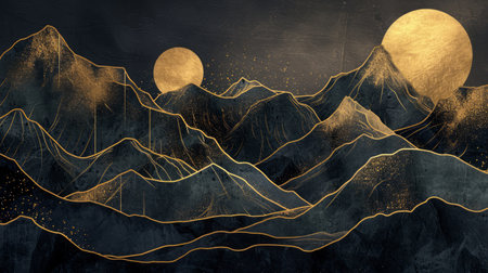 Luxurious mountain line art background with gold accents for cover design. Elegant wallpaper, mountains, sun, moon. Gold lines, textureの素材