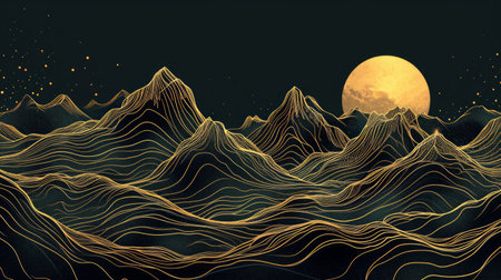 Luxurious mountain line art background with gold accents for cover design. Elegant wallpaper, mountains, sun, moon. Gold lines, textureの素材