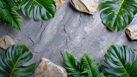 Watercolor Monstera Leaf on stone wall. Cute watercolor Philodendron tropical leaves. Banner, wallpaper, green background, exotic tropical wall, abstract floral pattern, illustration.の素材