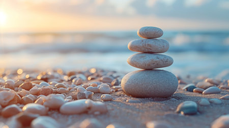 Pebbles balancing on a beach, sea background. Sea pebble. Colorful pebbles. For banner, wallpaper, meditation, yoga, spa, the concept of harmony, balance. Copy space for textの素材