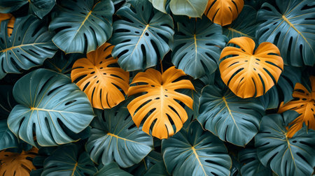 Watercolor Monstera Leaf. Cute watercolor Philodendron tropical leaves. Banner, wallpaper, green background, exotic tropical wall, abstract floral pattern, illustration.の素材