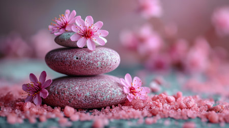 Pebbles balancing, with flowers background. Sea pebble. Colorful pebbles. For banner, wallpaper, meditation, yoga, spa, the concept of harmony, ba lance. Copy space for textの素材