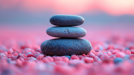 Pebbles balancing on a beach, sea background. Sea pebble. Colorful pebbles. For banner, wallpaper, meditation, yoga, spa, the concept of harmony, balance. Copy space for textの素材