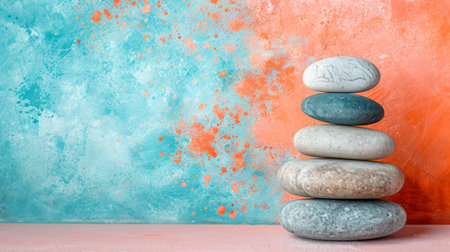 Pebbles balancing on pastel background. Sea pebble. Colorful pebbles. For banner, wallpaper, meditation, yoga, spa, the concept of harmony, balance. Copy space for textの素材