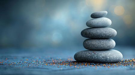 Pebbles balancing on pastel background. Sea pebble. Colorful pebbles. For banner, wallpaper, meditation, yoga, spa, the concept of harmony, balance. Copy space for textの素材