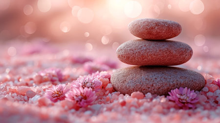 Pebbles balancing, with flowers background. Sea pebble. Colorful pebbles. For banner, wallpaper, meditation, yoga, spa, the concept of harmony, ba lance. Copy space for textの素材