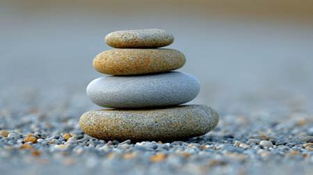 Pebbles balancing on stone background. Sea pebble. Colorful pebbles. For banner, wallpaper, meditation, yoga, spa, the concept of harmony, ba lance. Copy space for textの素材