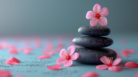 Pebbles balancing, with flowers background. Sea pebble. Colorful pebbles. For banner, wallpaper, meditation, yoga, spa, the concept of harmony, ba lance. Copy space for textの素材