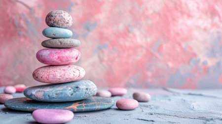 Pebbles balancing on pastel background. Sea pebble. Colorful pebbles. For banner, wallpaper, meditation, yoga, spa, the concept of harmony, ba lance. Copy space for textの素材