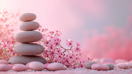 Pebbles balancing, with flowers background. Sea pebble. Colorful pebbles. For banner, wallpaper, meditation, yoga, spa, the concept of harmony, ba lance. Copy space for textの素材