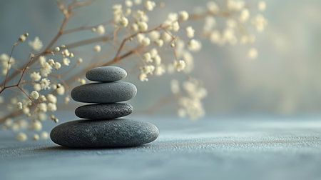 Pebbles balancing, with flowers background. Sea pebble. Colorful pebbles. For banner, wallpaper, meditation, yoga, spa, the concept of harmony, ba lance. Copy space for textの素材