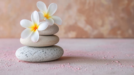 Pebbles balancing, with flowers. Sea pebble. Colorful pebbles. For banner, wallpaper, meditation, yoga, spa, the concept of harmony, ba lance. Copy space for textの素材