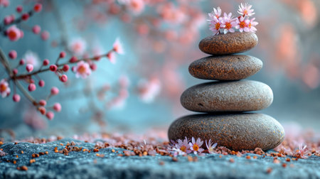 Pebbles balancing, with flowers background. Sea pebble. Colorful pebbales. For banner, wallpaper, meditation, yoga, spa, the concept of harmony, balance. Copy space for textの素材